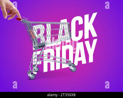 Woman pushing a small shopping cart, Black Friday sale advertisement Stock Photo