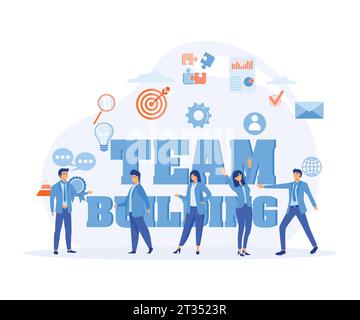team building business concept, people surrounded with big words team building, flat vector modern illustration Stock Vector
