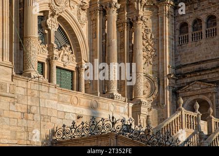 SANTIAGO DE COMPOSTELLA, October 5, 2023 : Santiago de Compostela Basilica facade details. This integral component of the World Heritage Site is reput Stock Photo
