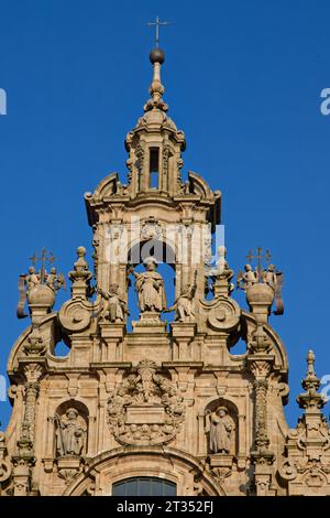 SANTIAGO DE COMPOSTELLA, October 5, 2023 : Santiago de Compostela Basilica top of facade details. This is a World Heritage site Stock Photo
