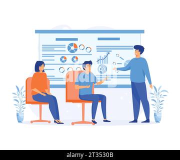 business concept. Business seminar speaker doing presentation and professional training about marketing, sales and e-commerce. flat vector modern illu Stock Vector
