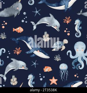 Underwater Animals seamless pattern. Cute undersea endless line with whale, orca, octopus, seahorse, jellyfish, turtle, clownfish, shells, algae Stock Photo