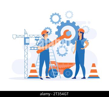 workers couple rotating cogwheels teamwork process. brainstorming and teamwork concept. flat vector modern illustration Stock Vector