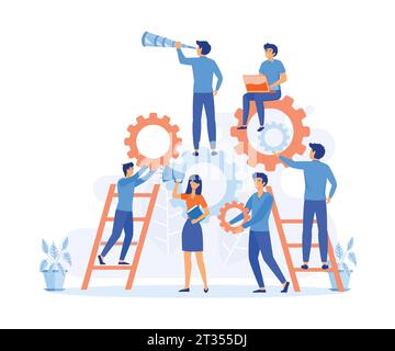 business or corporate cooperation, Team of businesspeople working with industrial gears or cogs, flat vector modern illustration Stock Vector