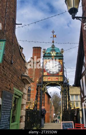 Chester historic 'clock' on city walls near the Chester City Centre in Eastgate street.  Chester city centre, England, UK Stock Photo