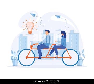 Creative Idea Teamwork Concept. Business Team Riding Tandem Bicycle, Cooperation Leadership. flat vector modern illustration Stock Vector