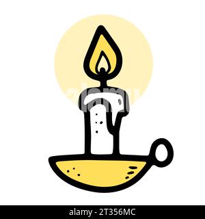 Doodle burning dripping wax candle. Hand-drawn candlestick decor isolated on white background. Holiday, Valentines Day, Birthday, Christmas, church, H Stock Vector