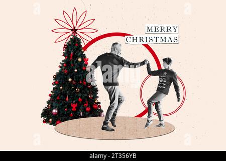 Creative poster collage of dancing mature couple tree decor christmas new year greeting card template holiday x-mas congratulation Stock Photo