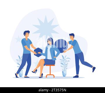Concept of teamwork. Team or colleagues work together on creative project. People organize abstract geometric shapes scattered around them. flat vecto Stock Vector
