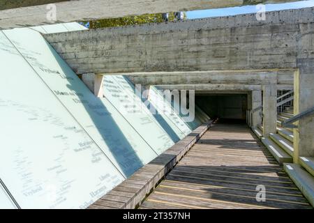 Staircase down to the Memorial to the Abolition of Slavery on the Quai de la Fosse. Nantes, France. Stepping down depicts grim life below deck. Stock Photo