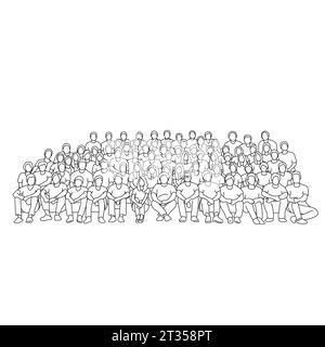 people sitting on stadium to take a photo together illustration vector hand drawn isolated on white background Stock Vector