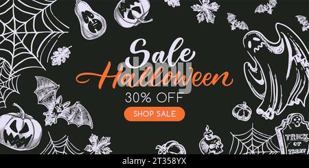 Halloween sale banner design template. Vector hand drawn sketch illustration of pumpkins, web and ghost. Black background with white chalk holiday dra Stock Vector