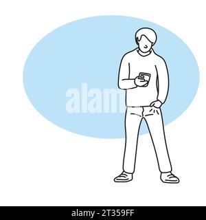 full length of man using smartphone on blue blank space illustration vector hand drawn isolated on white background Stock Vector