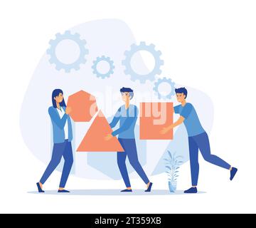 Teamwork Cooperation, Office Employees Group Set Up Huge Separated Puzzle Pieces Together. flat vector modern illustration Stock Vector