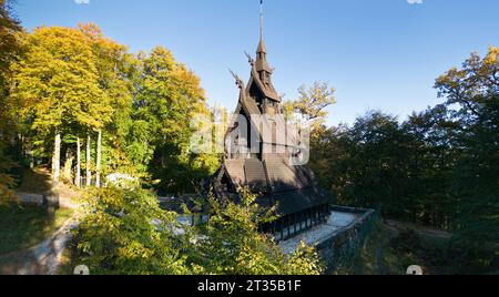 Fantoft Stave Church is a reconstructed stave church in the Fana borough of the city of Bergen Stock Photo