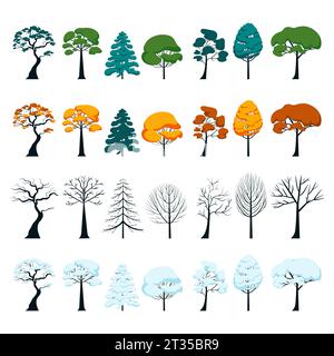 Set of trees in different seasons four seasons vector flat illustration. Mixed trees forest parks nature summer autumn winter spring Stock Vector