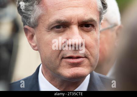 French Minister for Ecological Transition and Territories' Cohesion Christophe Bechu visiting Saint-Martin-Vesubie, France on October 23, 2023, to assess the damage caused by storm Aline and meet elected officials and affected people. The valleys of La Vesubie and La Roya, devastated three years ago by storm Alex, were hit by a month of rain in a few hours. In the end, Aline was less violent than Alex. The inhabitants of the Alpes-Maritimes were placed on red alert for rain-flood for the first time since the monster floods that had left 18 dead and missing as well as a billion euros of damage Stock Photo