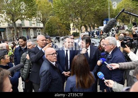 French Minister for Ecological Transition and Territories' Cohesion Christophe Bechu visiting Saint-Martin-Vesubie, France on October 23, 2023, with french right-wing Les Republicains (LR) party President Eric Ciotti and Mayor of Nice Christian Estrosi to assess the damage caused by storm Aline and meet elected officials and affected people. The valleys of La Vesubie and La Roya, devastated three years ago by storm Alex, were hit by a month of rain in a few hours. In the end, Aline was less violent than Alex. The inhabitants of the Alpes-Maritimes were placed on red alert for rain-flood for th Stock Photo