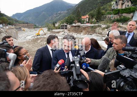 French Minister for Ecological Transition and Territories' Cohesion Christophe Bechu visiting Saint-Martin-Vesubie, France on October 23, 2023, with french right-wing Les Republicains (LR) party President Eric Ciotti and Mayor of Nice Christian Estrosi to assess the damage caused by storm Aline and meet elected officials and affected people. The valleys of La Vesubie and La Roya, devastated three years ago by storm Alex, were hit by a month of rain in a few hours. In the end, Aline was less violent than Alex. The inhabitants of the Alpes-Maritimes were placed on red alert for rain-flood for th Stock Photo