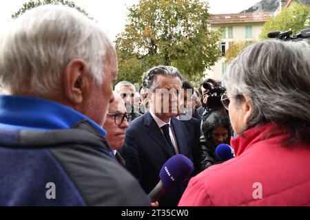 French Minister for Ecological Transition and Territories' Cohesion Christophe Bechu visiting Saint-Martin-Vesubie, France on October 23, 2023, to assess the damage caused by storm Aline and meet elected officials and affected people. The valleys of La Vesubie and La Roya, devastated three years ago by storm Alex, were hit by a month of rain in a few hours. In the end, Aline was less violent than Alex. The inhabitants of the Alpes-Maritimes were placed on red alert for rain-flood for the first time since the monster floods that had left 18 dead and missing as well as a billion euros of damage Stock Photo