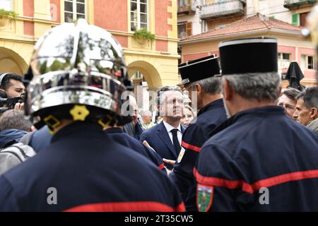 French Minister for Ecological Transition and Territories' Cohesion Christophe Bechu visiting Saint-Martin-Vesubie, France on October 23, 2023, to assess the damage caused by storm Aline and meet elected officials and affected people. The valleys of La Vesubie and La Roya, devastated three years ago by storm Alex, were hit by a month of rain in a few hours. In the end, Aline was less violent than Alex. The inhabitants of the Alpes-Maritimes were placed on red alert for rain-flood for the first time since the monster floods that had left 18 dead and missing as well as a billion euros of damage Stock Photo