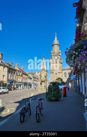Forres town, looking east, down Forres High Street (B9011) towards Tollbooth and Mercat Cross.  Forres, Moray, Scotland , UK Stock Photo