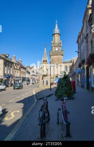 Forres town, looking east, down Forres High Street (B9011) towards Tollbooth and Mercat Cross.  Forres, Moray, Scotland , UK Stock Photo