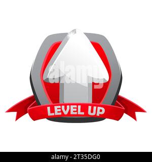 Game silver level up badge and win icon, shield banner of completed level, vector UI sign. Level up icon with a silver shield Stock Vector