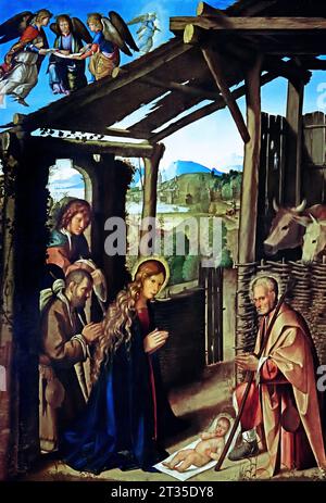 The Adoration of the Shepherds  1500-07 by  Boccaccio Boccaccinoca 1467 - 1525 . Museum, Italy. Boccaccio Boccaccino was a painter of the early Italian Renaissance, belonging to the Emilian school. Stock Photo