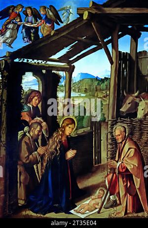 The Adoration of the Shepherds  1500-07 by  Boccaccio Boccaccinoca 1467 - 1525 . Museum, Italy. Boccaccio Boccaccino was a painter of the early Italian Renaissance, belonging to the Emilian school. Stock Photo