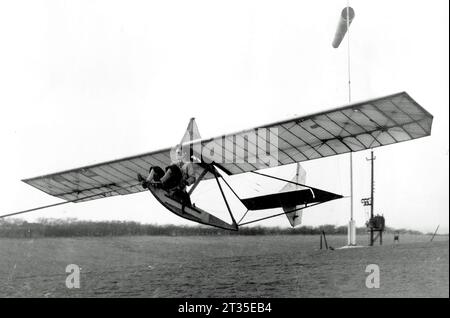 Off for a glide above Dunstable Downs in the winter sunshine, 30 December 1936. Even in the winter months enthusiasts are to be found at the London Gliding Club on the Downs at Dunstable, enjoying their sport Stock Photo