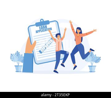 Loan approval, Credit agent holds loan approval application document with approved stamp in hand. flat vector modern illustration Stock Vector