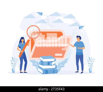 Business process, documents work flow and accounting. Business people with huge files of documents and accounting books, flat vector modern illustrati Stock Vector