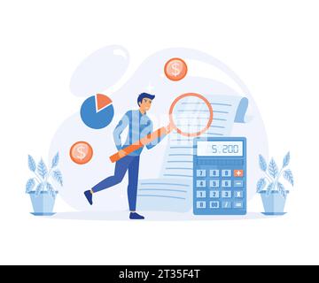accounting and auditing service for business, Man looking through magnifying glass at bill, check or invoice. flat vector modern illustration Stock Vector
