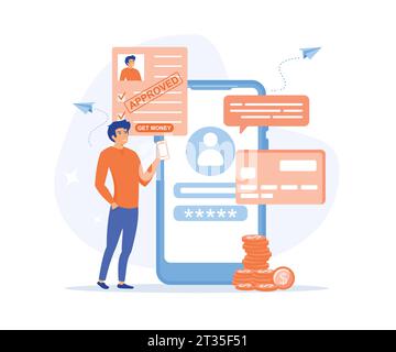 Banking service online, get credit fast and easy, get loan via smart phone application, flat vector modern illustration Stock Vector