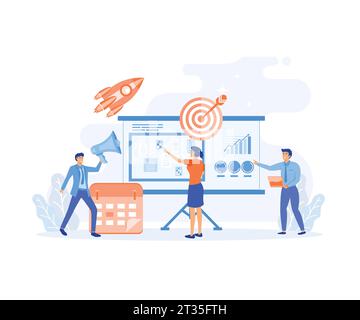 Business planning, People work together making a plan on a board, Working process, teamwork communication, flat vector modern illustration Stock Vector