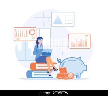 Finance Savings Concept, A young woman works at a laptop to study and fulfill financial savings. flat vector modern illustration Stock Vector