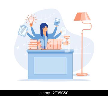 Multitasking and Time Management Concept, Woman in Workplace with Multitasking Work, flat vector modern illustration Stock Vector