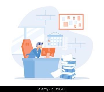office deadline concept, Overworked businessman sitting at his office desk with a big pile of documents. flat vector modern illustration Stock Vector
