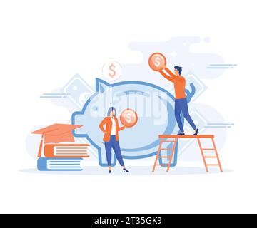 School fund, investment concept, man putting coin in piggy bank, saving money for education. flat vector modern illustration Stock Vector