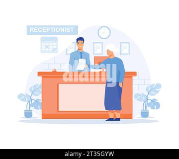 Hospital receptionist giving old woman information, checking in for appointment. Senior lady visiting medical clinic office, flat vector modern illust Stock Vector