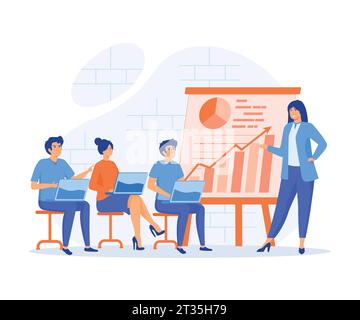 Business seminar, female speaker doing presentation and professional training about marketing, flat vector modern illustration Stock Vector