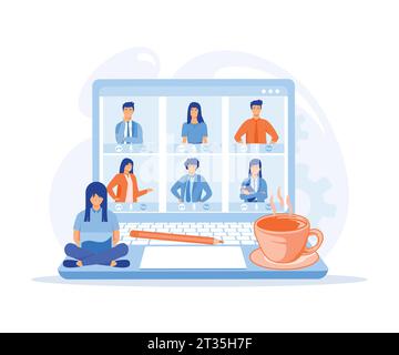 video conference remote working on laptop computer, people connecting together, learning or meeting online with teleconference, flat vector modern ill Stock Vector