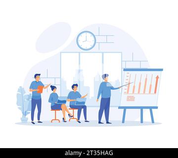 Leadership mentoring concept. Business coach speaking in front of audience. Mentor presenting charts and reports on seminar, flat vector modern illust Stock Vector