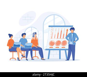 Leadership mentoring concept, Business seminar speaker doing presentation and professional training about marketing, sales and e-commerce. flat vector Stock Vector