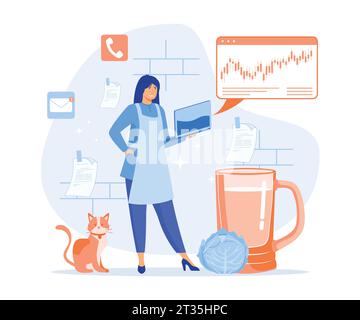 Multitasking, time management concept. Multitasking busy mom at home, A woman managing the balance between family life, house work and business career Stock Vector