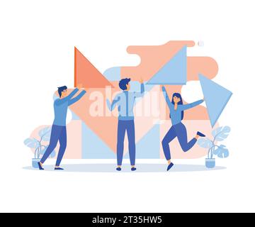 Teamwork concept, characters and abstract geometrical shapes. Co working and problem solving, flat vector modern illustration Stock Vector