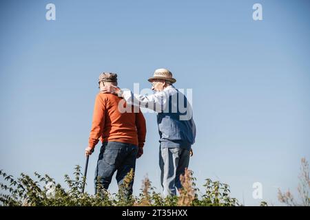 Two old friends taking a stroll through the fields, talking about old times Stock Photo