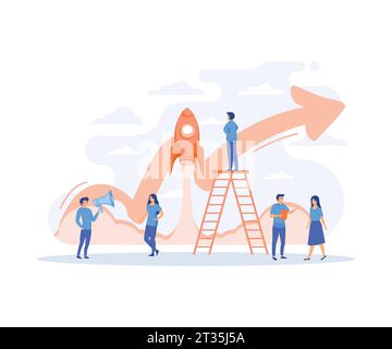 People challenge teamwork up, Business analytics in cloud arrow leadership company. Growth with rocket investment service, flat vector modern illustra Stock Vector