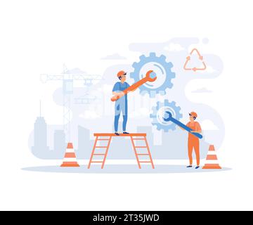 teamwork process concept, workers couple rotating cogwheels, flat vector modern illustration Stock Vector
